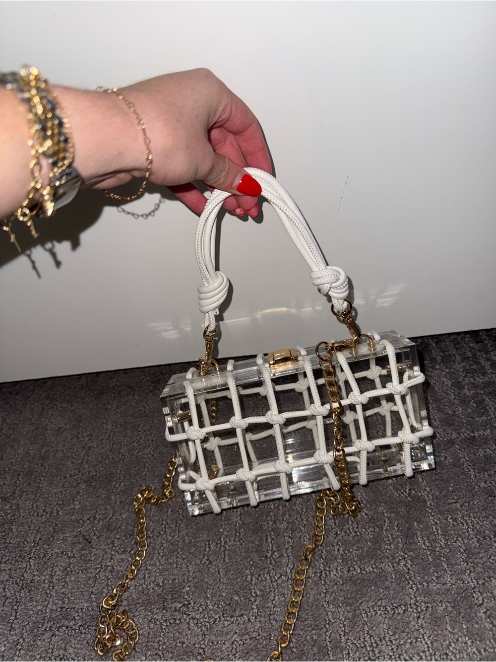 White Clear Cage Crossbody Bag with Gold Chain